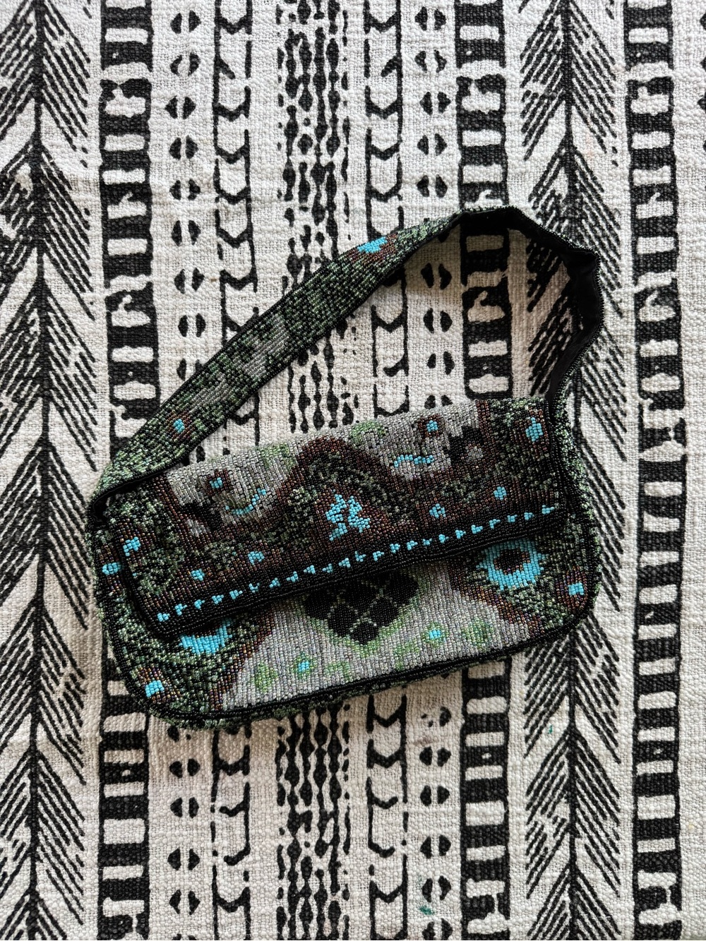 Beaded Shoulder Bag in Black and Teal